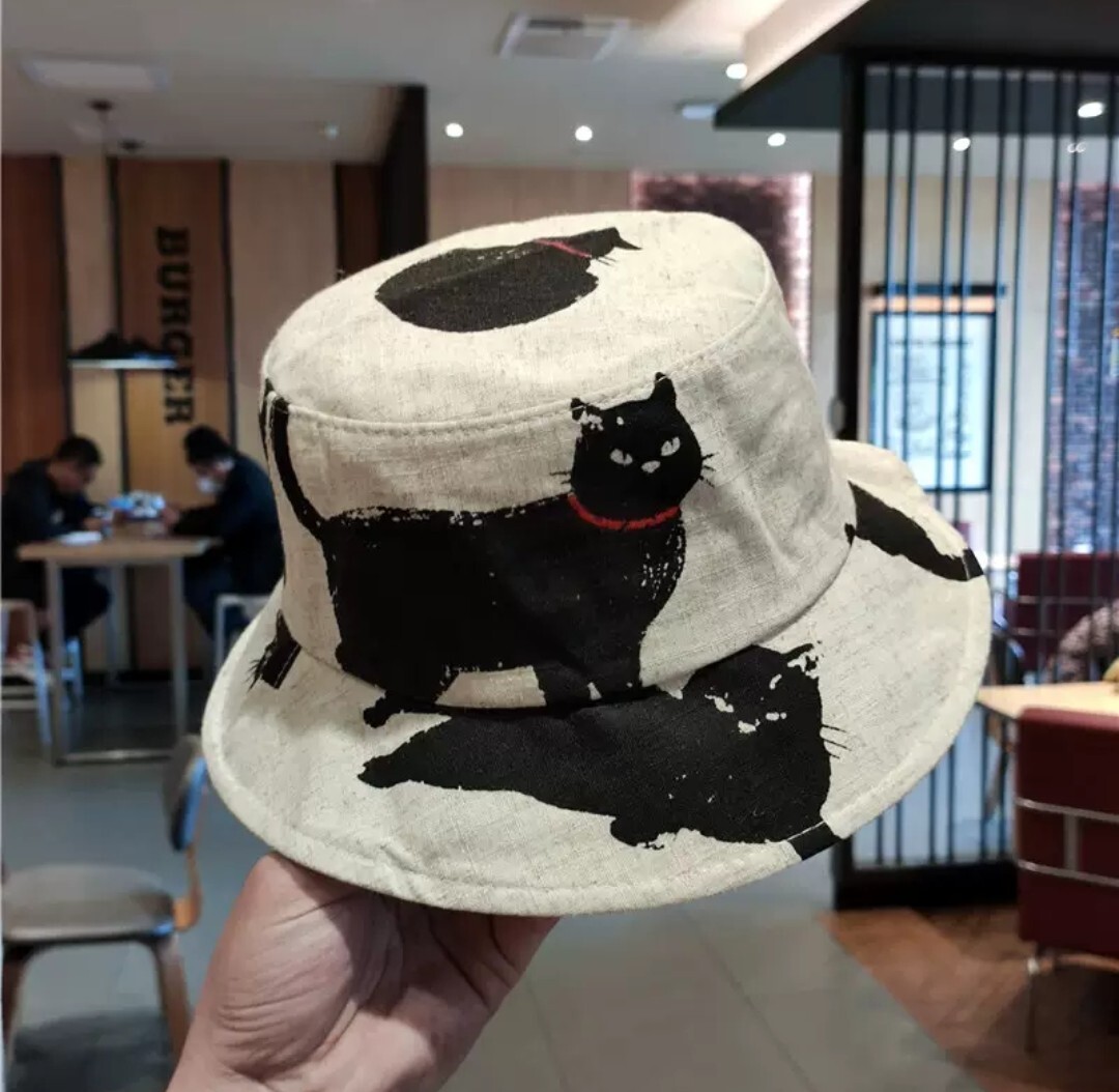 可愛小黑貓棉麻漁夫帽