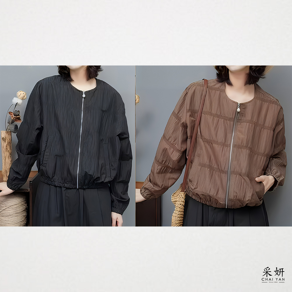 皺褶布珍珠拉鍊圓領長袖外套