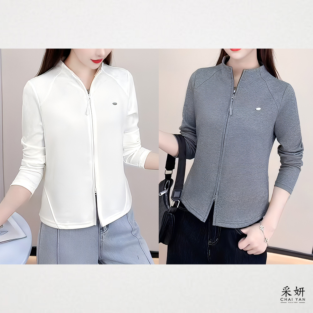 運動風金屬綴飾拉鍊立領長袖外套