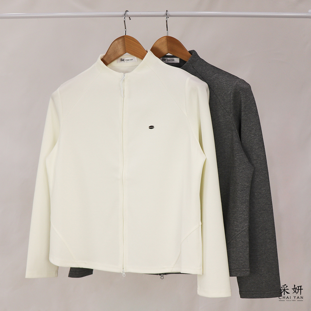 運動風金屬綴飾拉鍊立領長袖外套