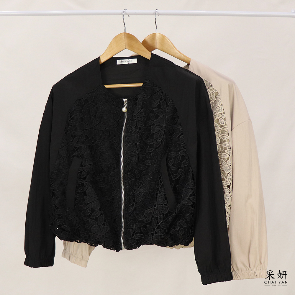 植物花朵鏤空珍珠拉鍊圓領長袖外套