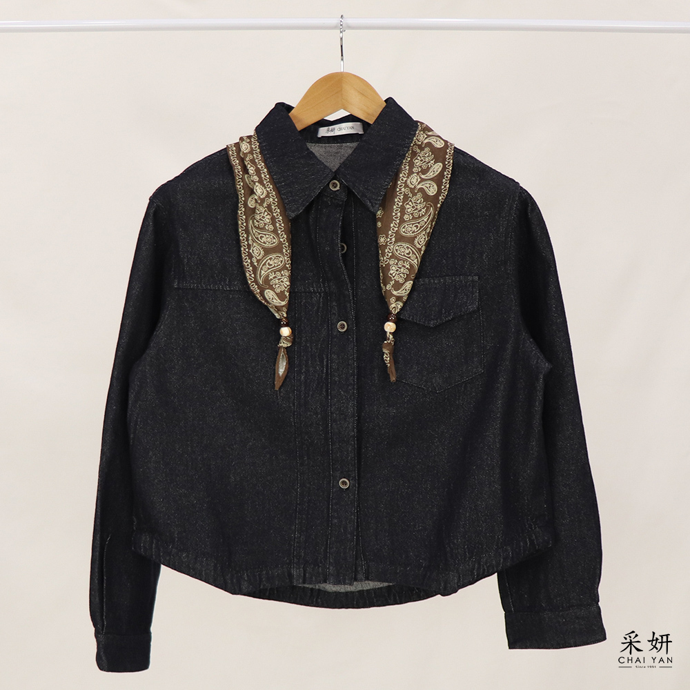 民族風領巾牛仔襯衫長袖外套