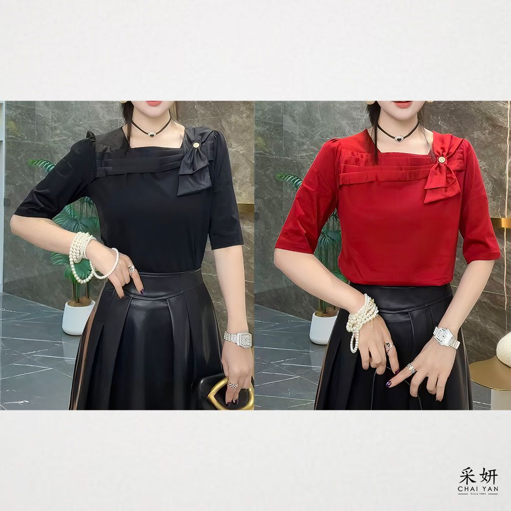 緞感蝴蝶結方領半袖上衣