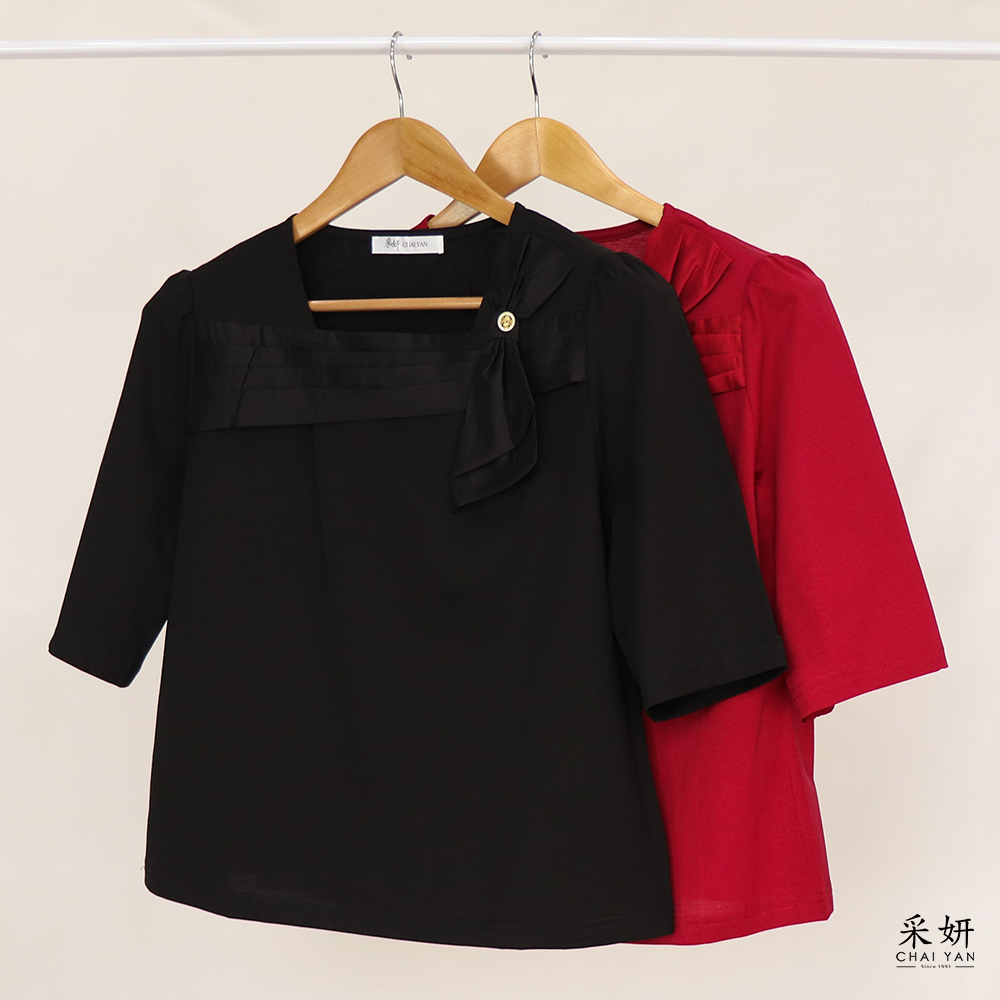 緞感蝴蝶結方領半袖上衣