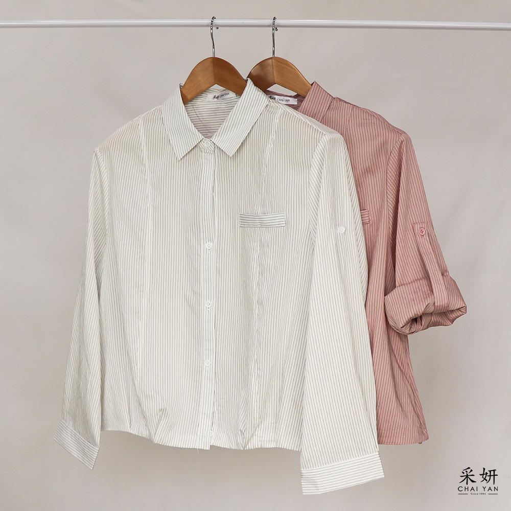 直條紋滾邊襯衫長袖上衣