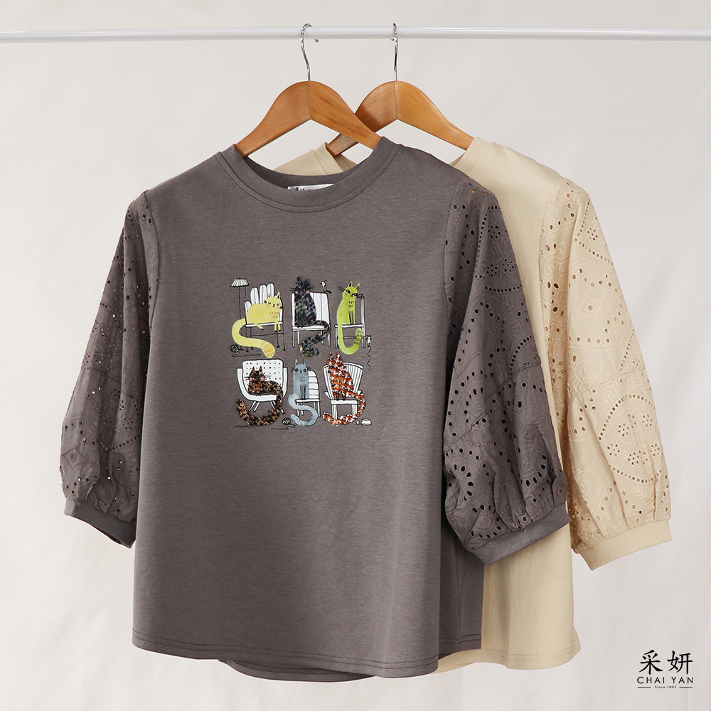 貓咪異材質燙印圓領鏤空九分袖上衣