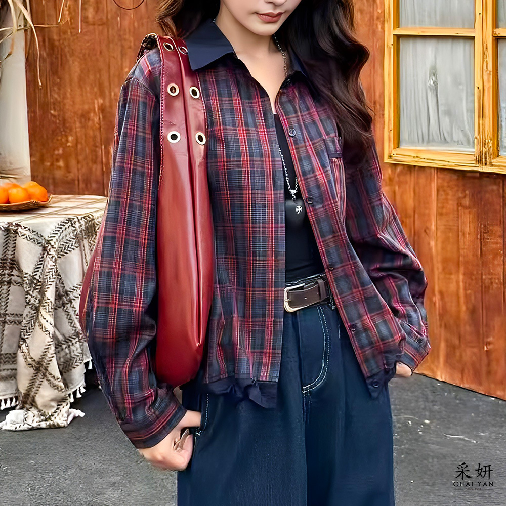 英倫風格紋字母刺繡襯衫長袖上衣