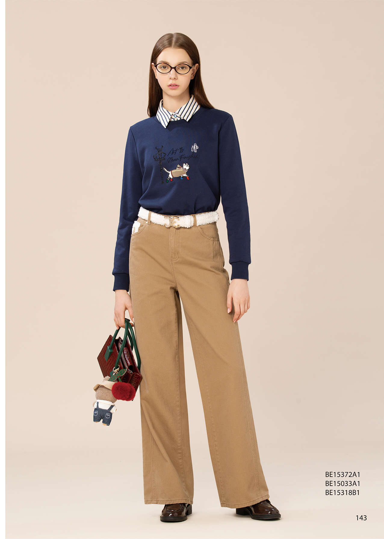 BE15318B1 秋日呢喃絨毛裝飾高腰寬褲 (附皮帶)