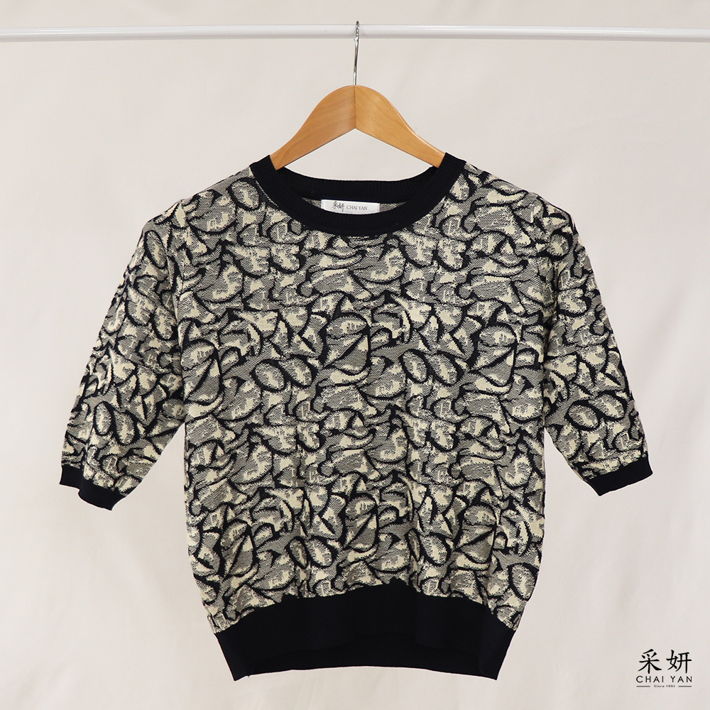 復古風跳色波浪紋針織圓領半袖上衣