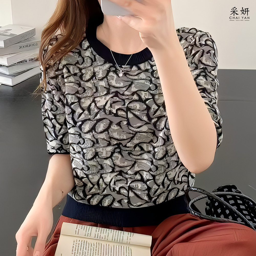 復古風跳色波浪紋針織圓領半袖上衣