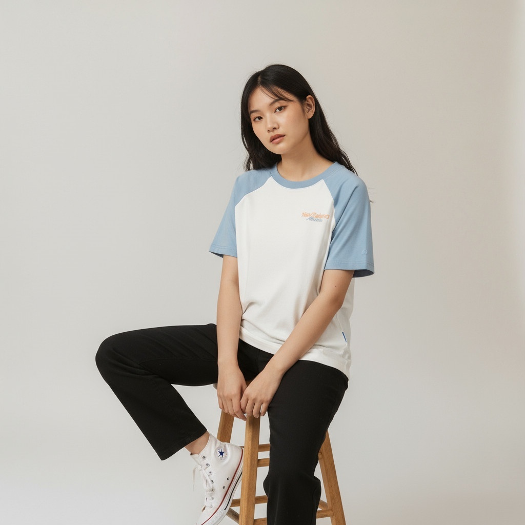 NEW BALANCE 短T NB 上衣 拼色 藍米色 AWT53317SIT