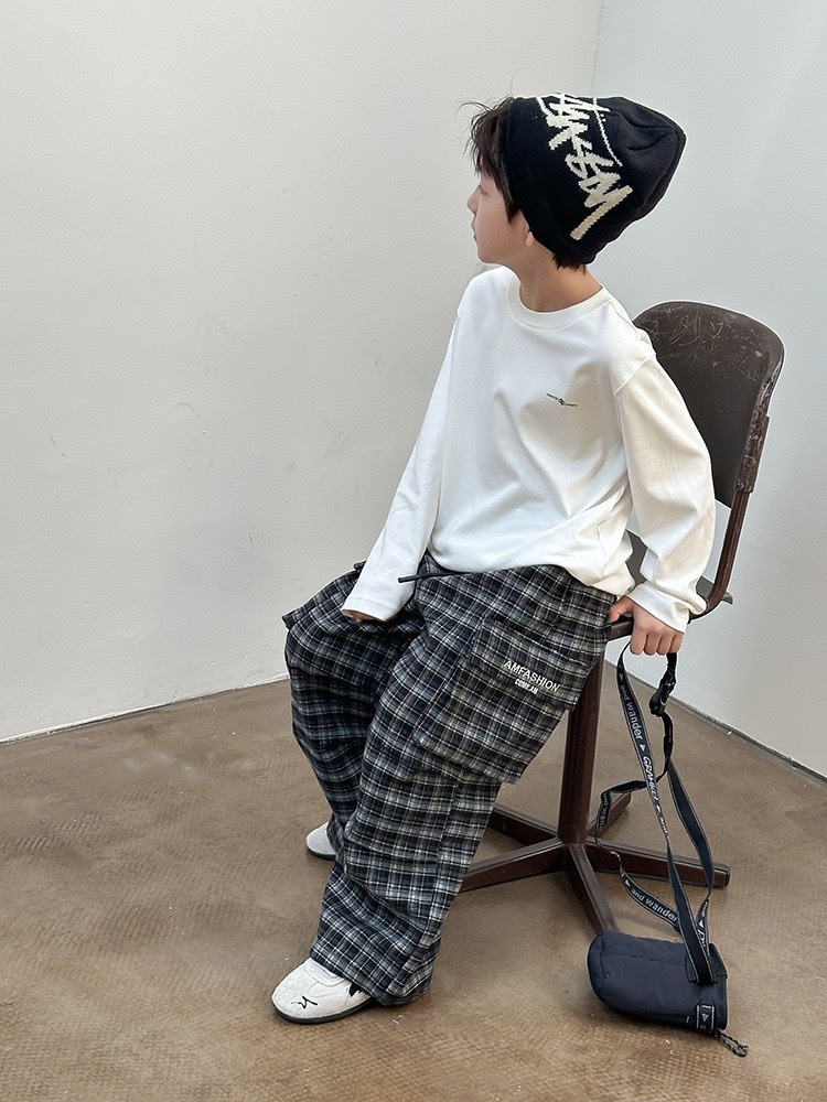 格子大口袋工裝褲