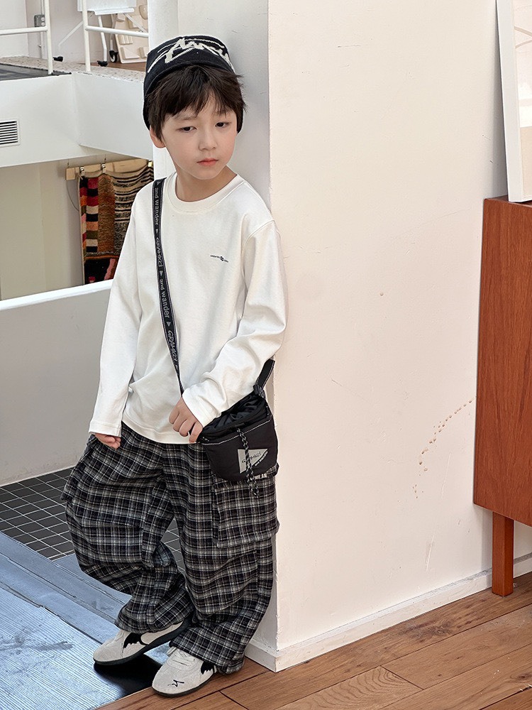 格子大口袋工裝褲