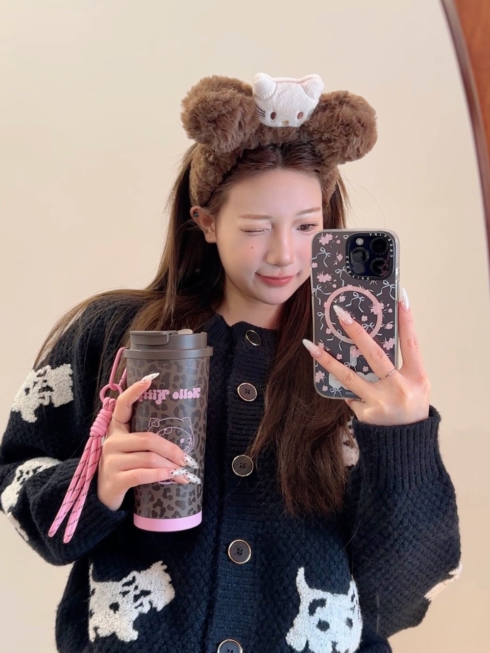 HELLO KITTY x TBH 豹紋系列 粉紅 不鏽鋼保溫杯 隨行杯 雙飲口 / 預購