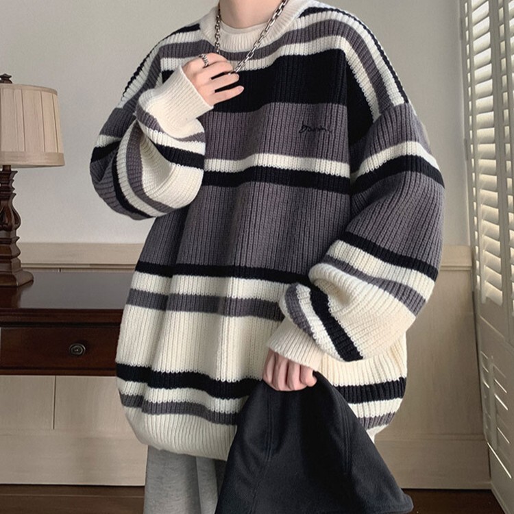 冬季日系寬鬆條紋毛衣 J4064