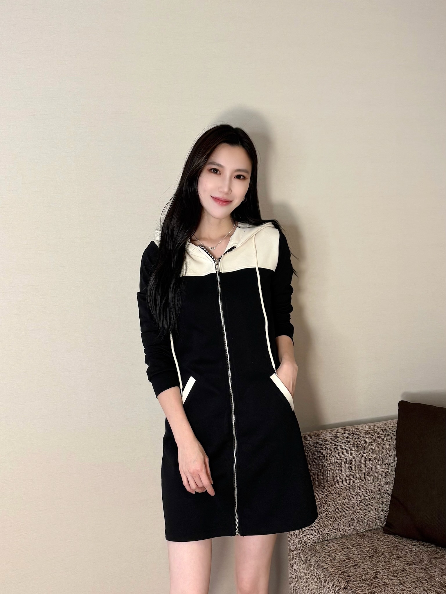 撞色棉料拉鍊連帽洋裝