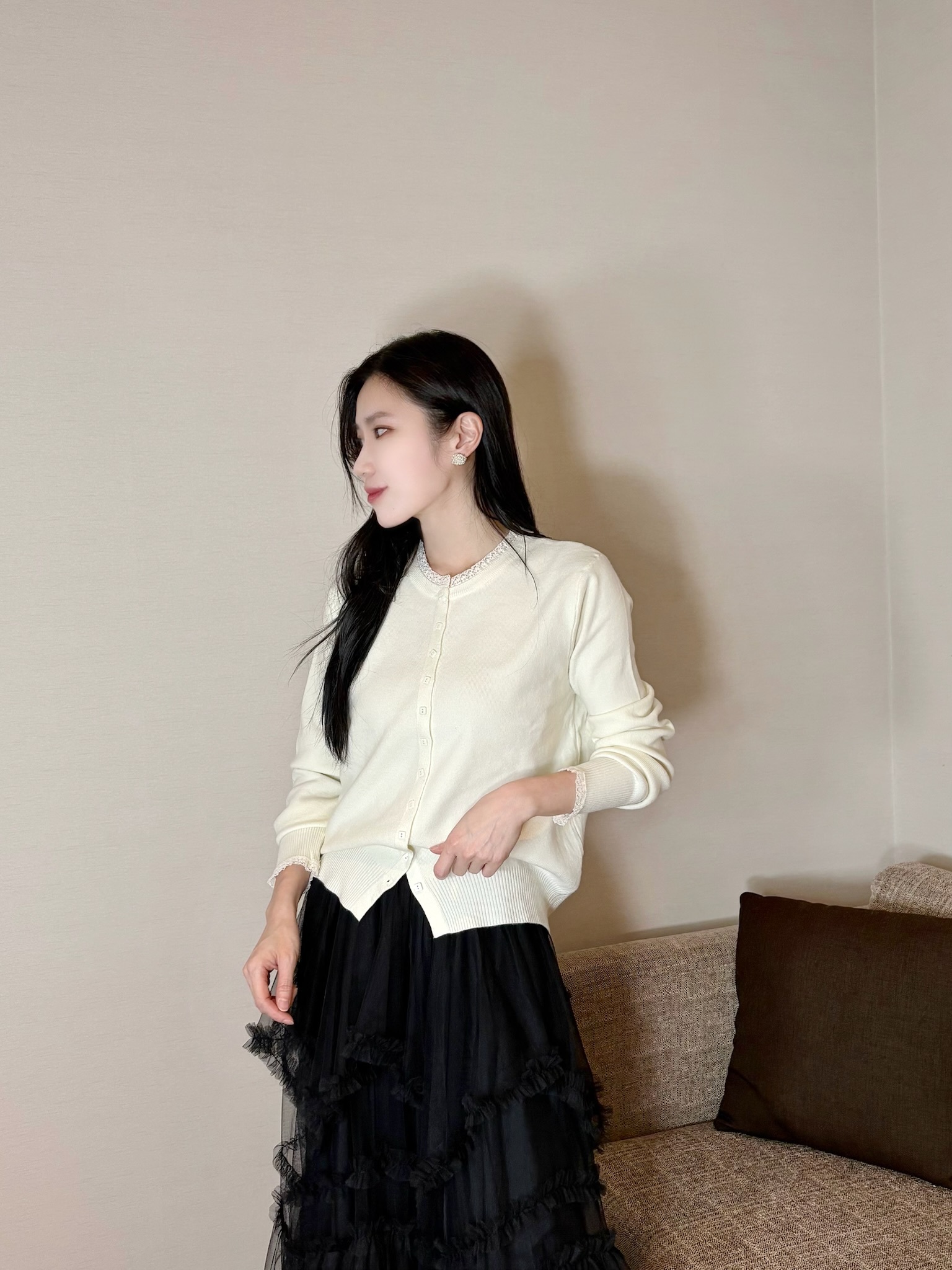 蕾絲領方塊針織上衣