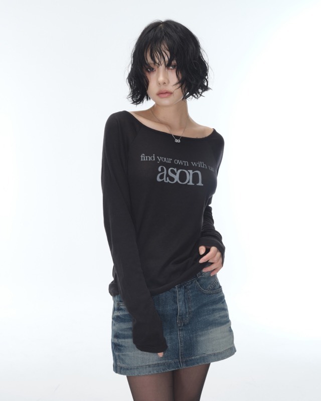 ASON LETTERING LONG SLEEVE 字母長袖 薄長袖 圓領 斜肩 透膚 斜肩上衣 透膚上衣 合身 (3色)