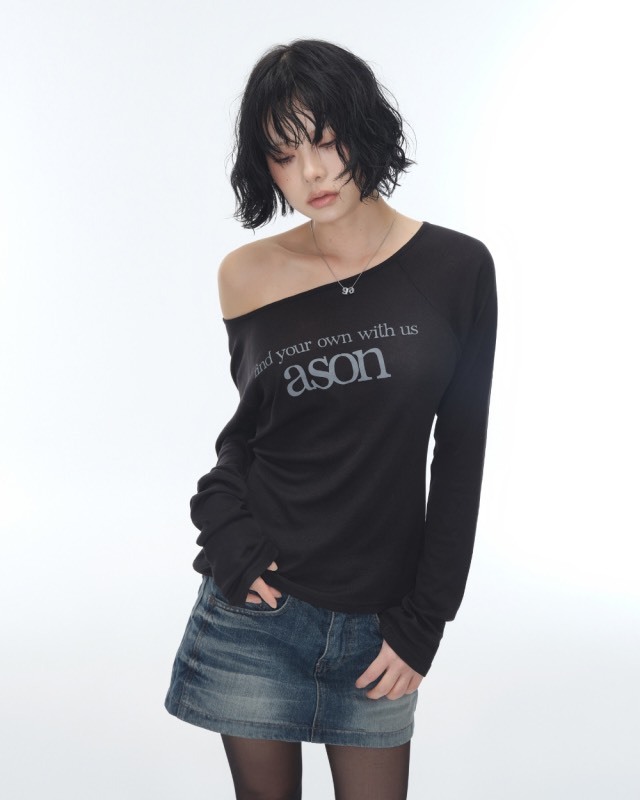 ASON LETTERING LONG SLEEVE 字母長袖 薄長袖 圓領 斜肩 透膚 斜肩上衣 透膚上衣 合身 (3色)