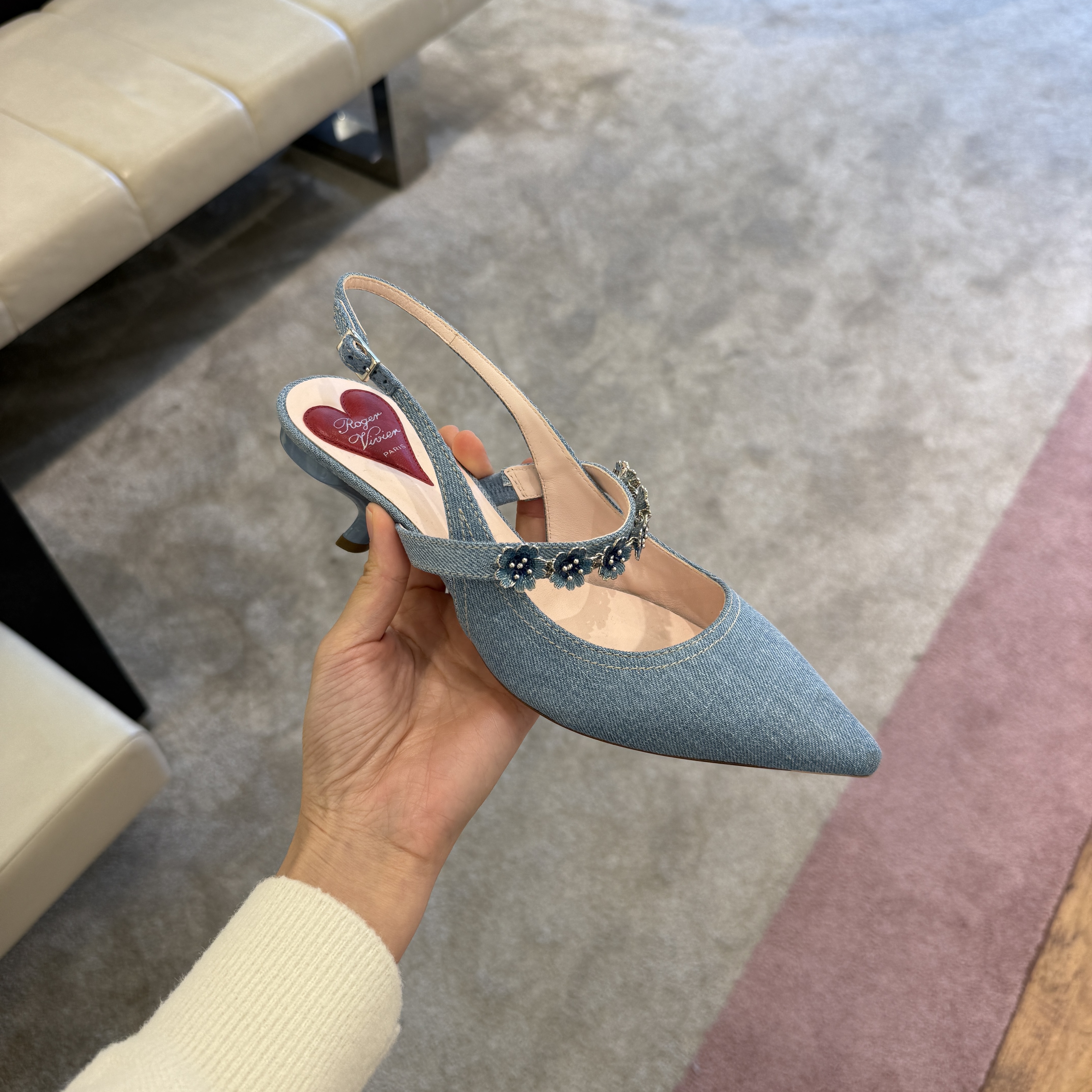 Roger Vivier RV Virgule Flower Denim Sling back Blue