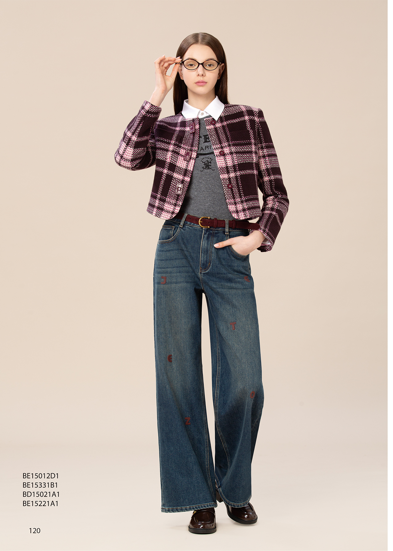 BE15331B1 靛紅語句字母印花腰微喇寬褲 (附皮帶)