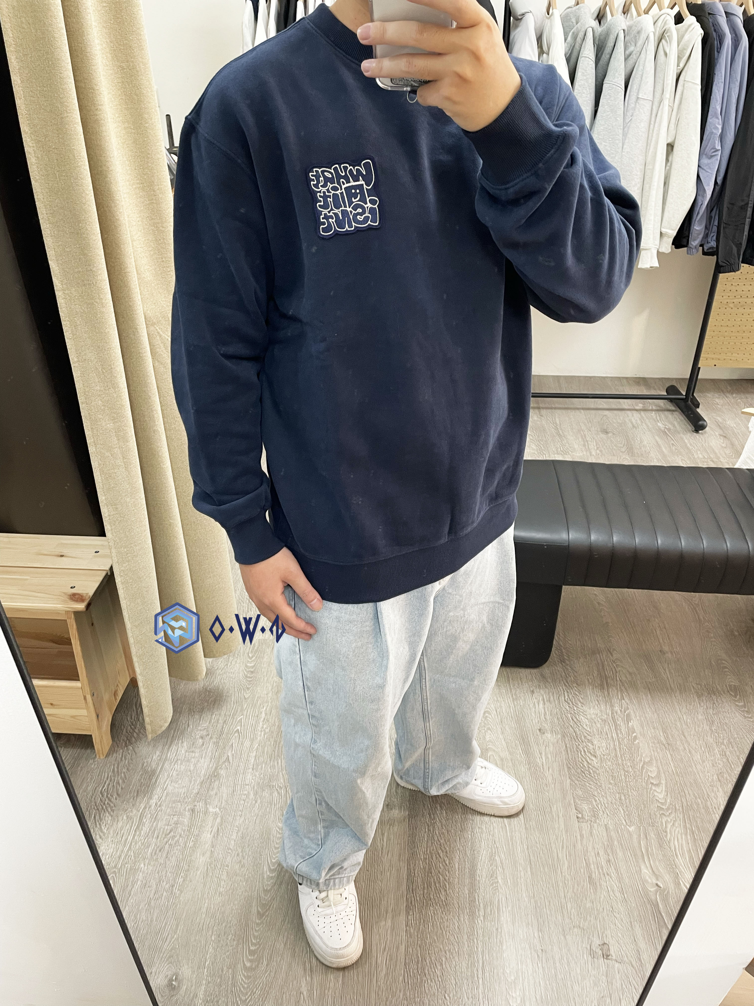 【OWN】What it isn't 衛衣 長袖 素面 刺繡 刷毛 韓國小飛人 厚磅 秋冬新品 不分男女 深藍 燕麥