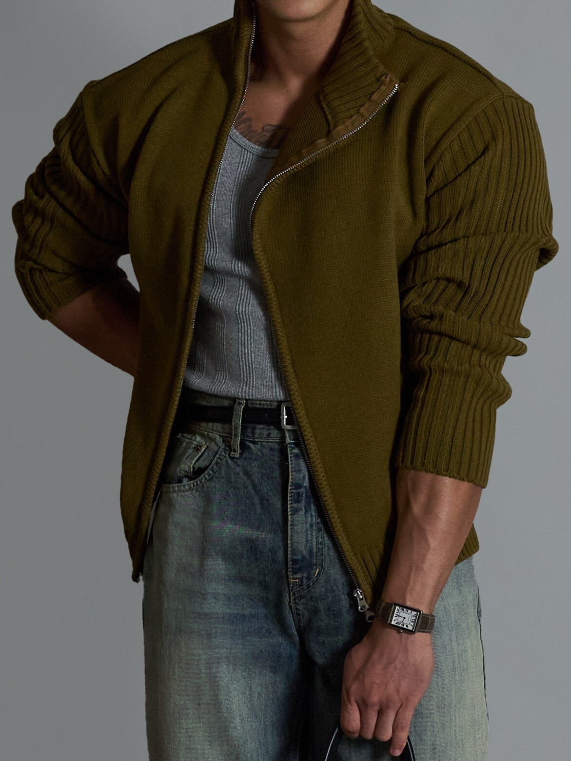 羅紋袖斜拉鍊針織開襟衫