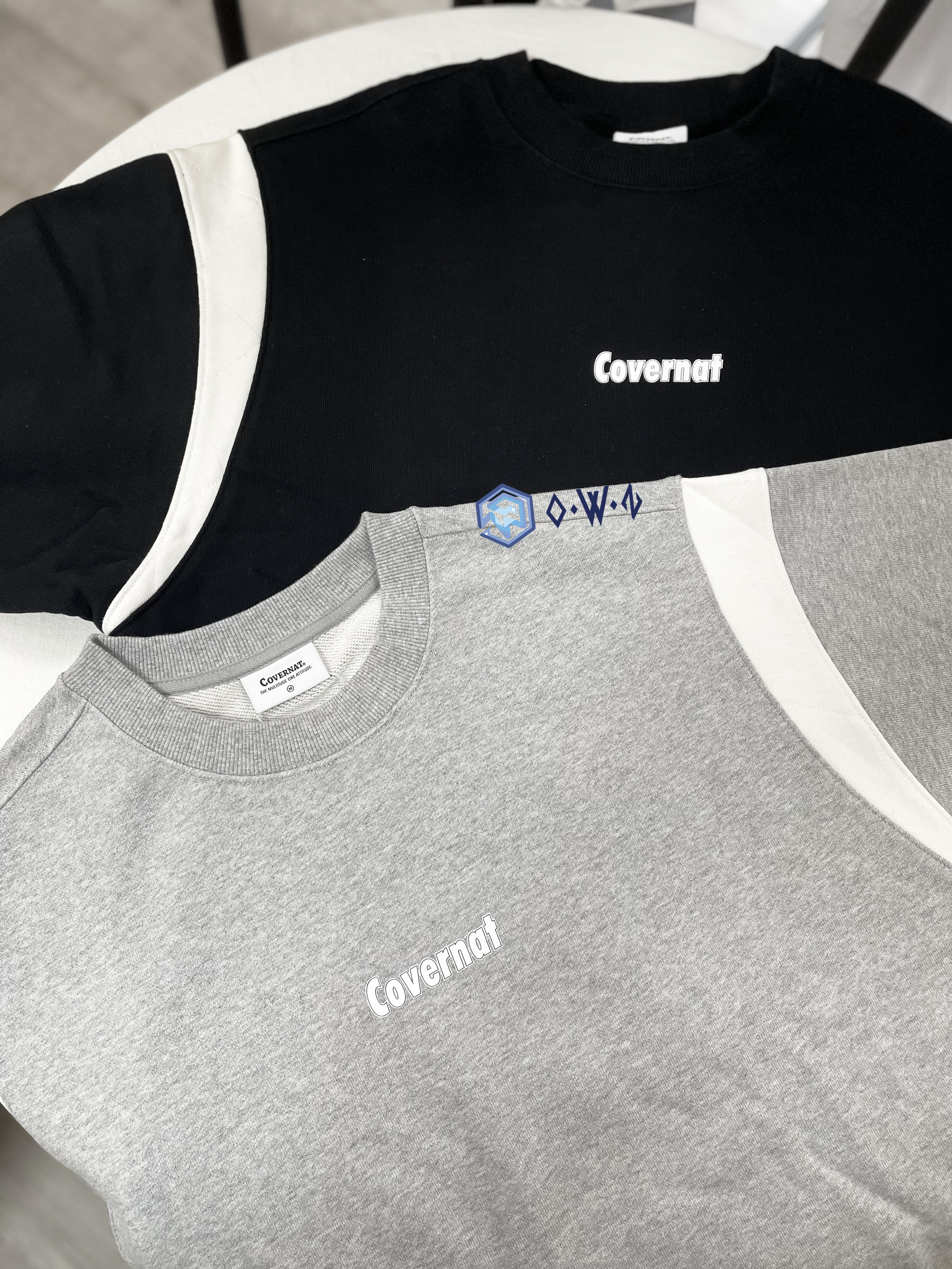 【OWN】Covernat 衛衣 長袖 上衣  小LOGO 撞色 拼接 厚磅 秋冬 不分男女 黑色 灰色