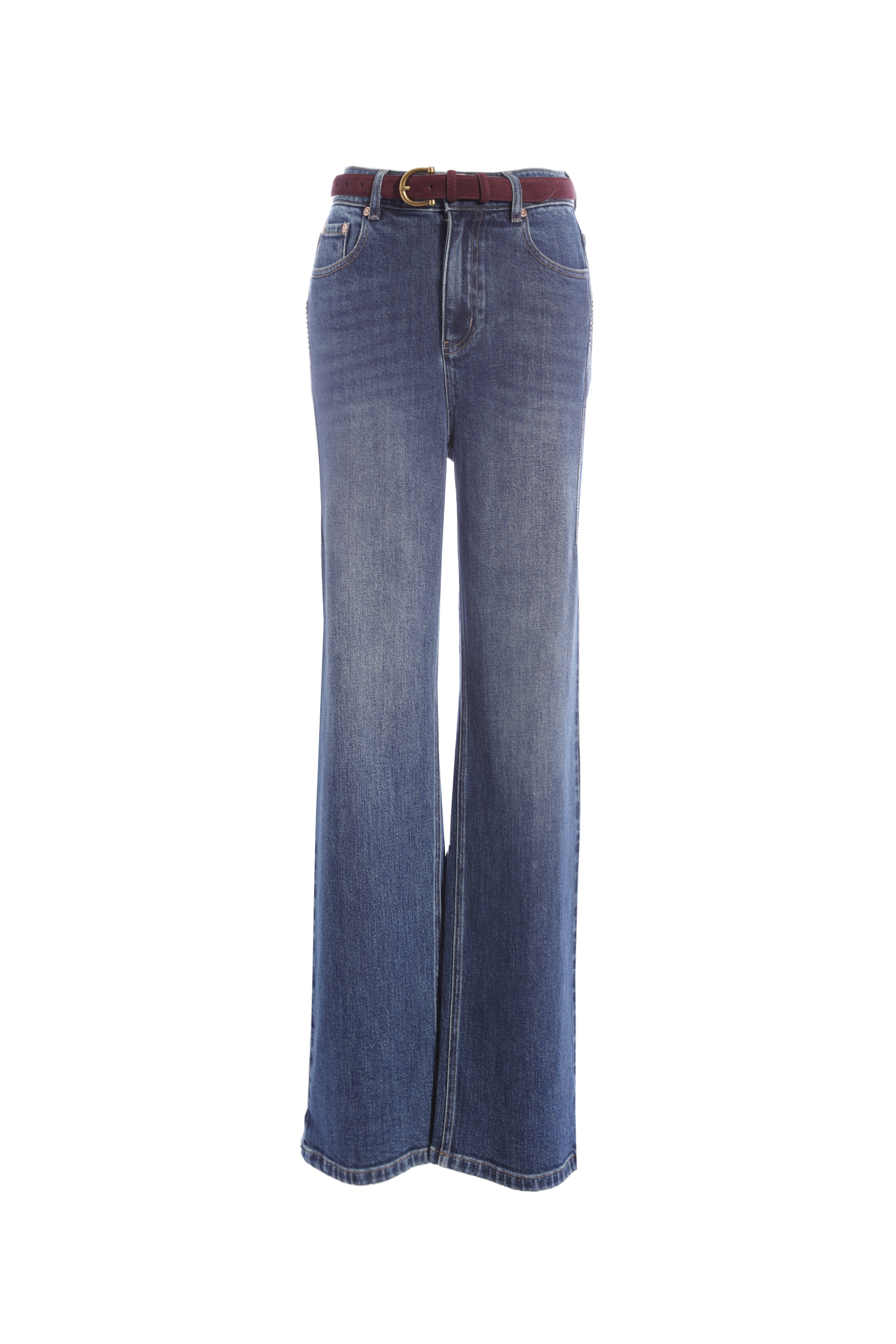 BE15332B1 都會簡約酒紅調藍高腰直筒褲 (附皮帶)