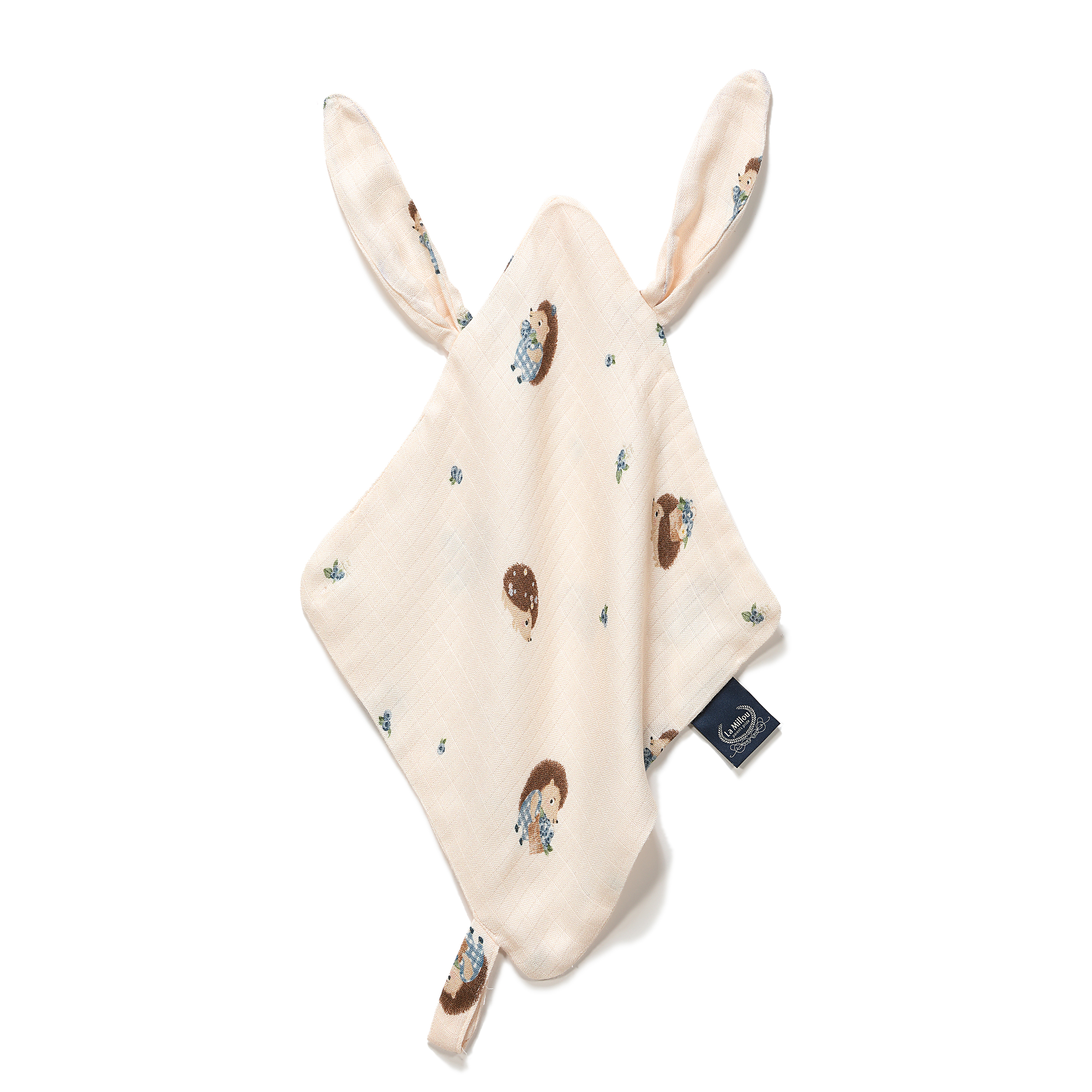 【原售價$799】La Millou波蘭 100%竹纖銀離子紗布巾玩偶奶嘴帶｜藍莓小刺蝟