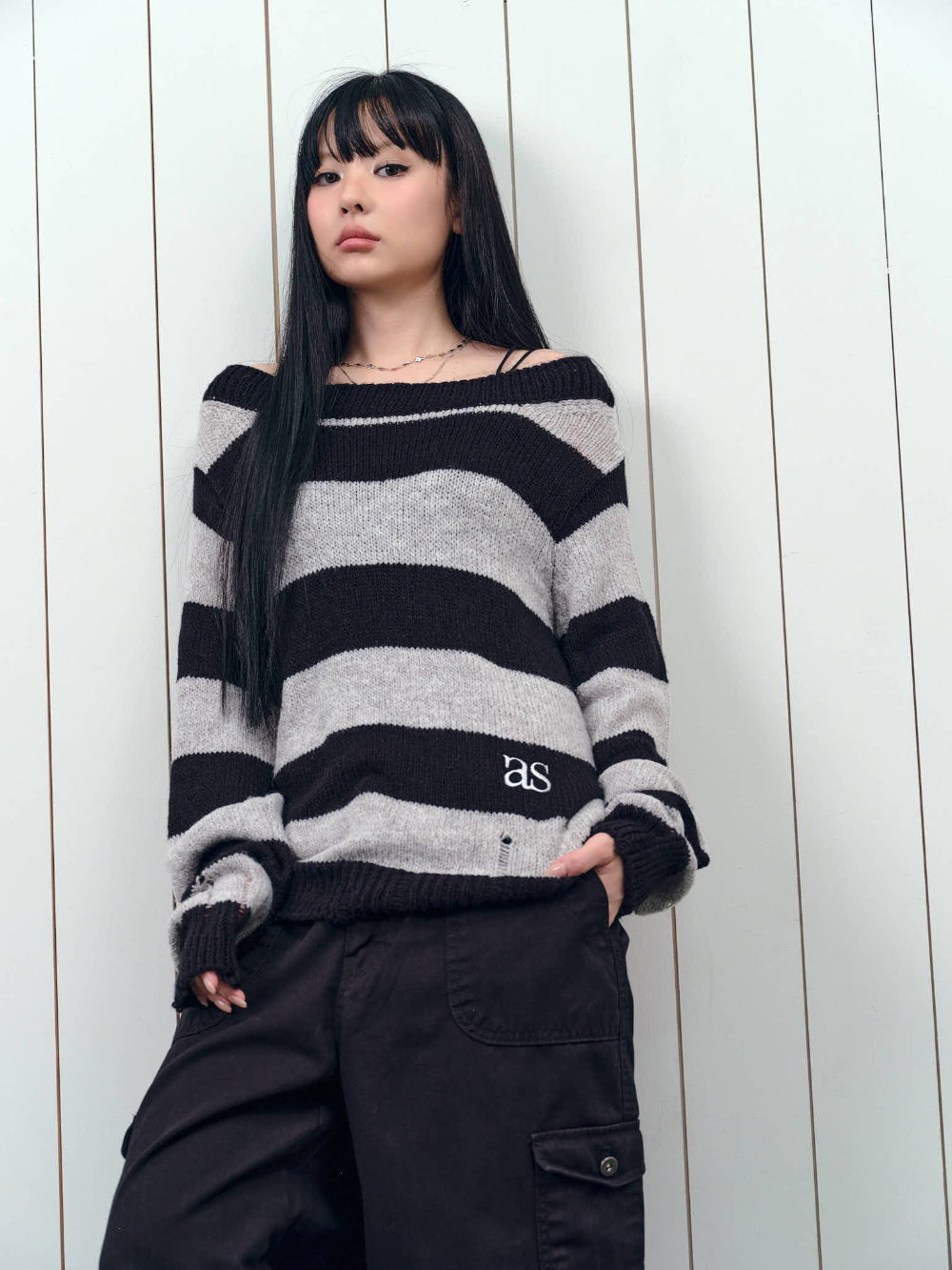 ASON SORI OFF STRIPE KNIT 條紋針織衣 條紋 針織 平口 一字領 船型領 露肩 (2色)