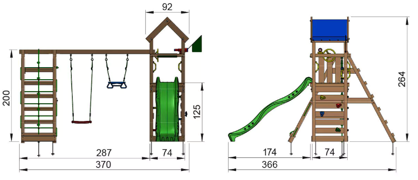 Jungle Patio | Wooden climbing frame with swings & climbing net
