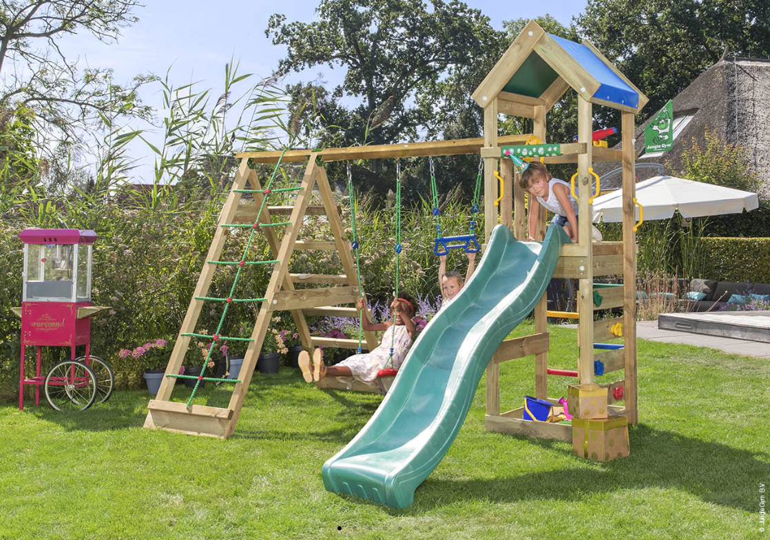 Jungle Patio | Wooden climbing frame with swings & climbing net