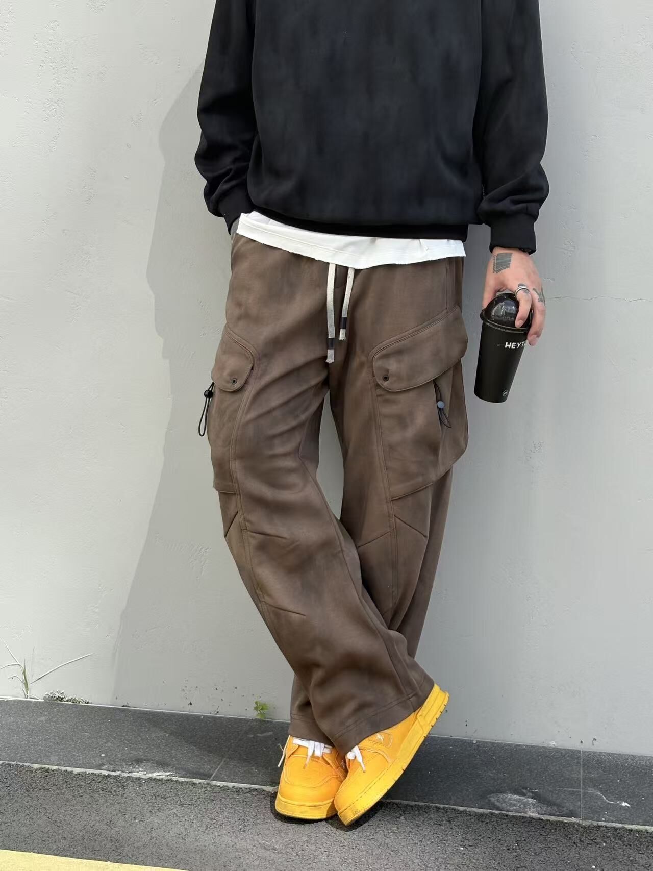 XCTRL 闊形斜剪裁棉褲-咖啡