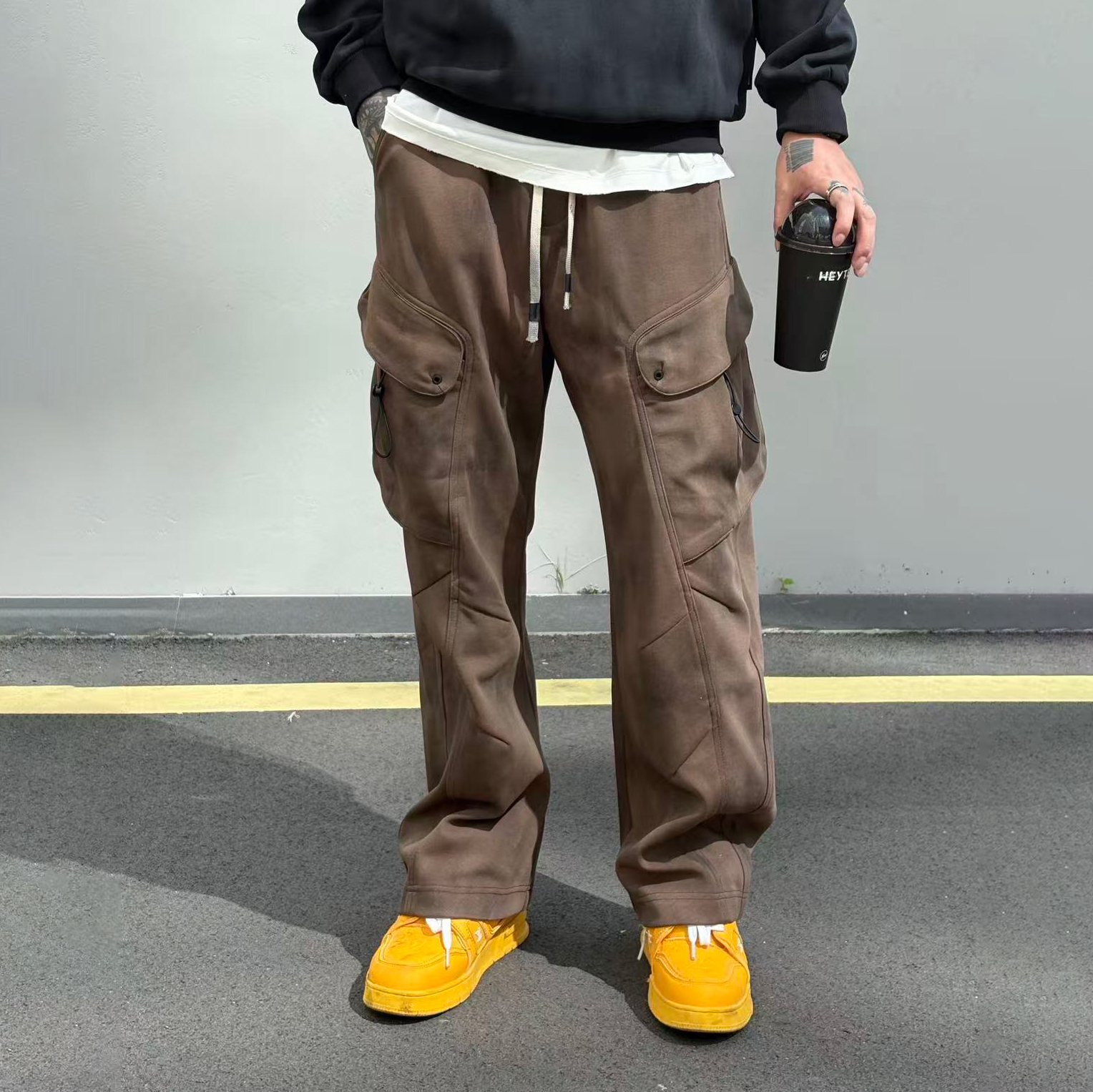 XCTRL 闊形斜剪裁棉褲-咖啡