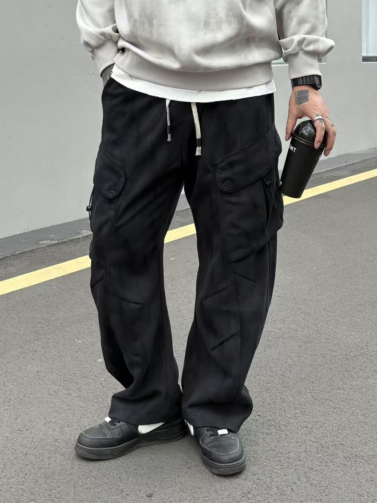 XCTRL 闊形斜剪裁棉褲-黑