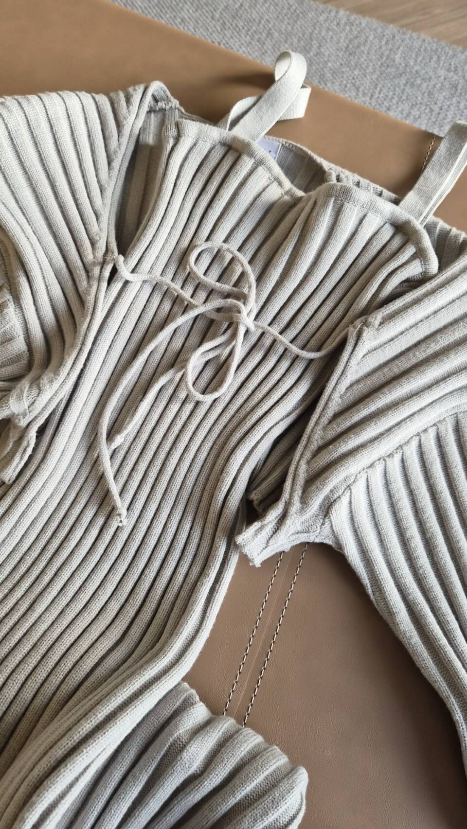 綁帶針織外罩&直坑條針織洋裝