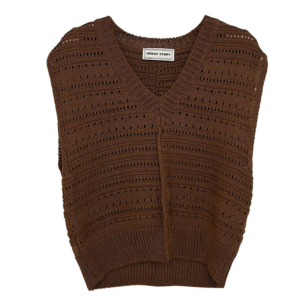 V領素色鏤空針織背心