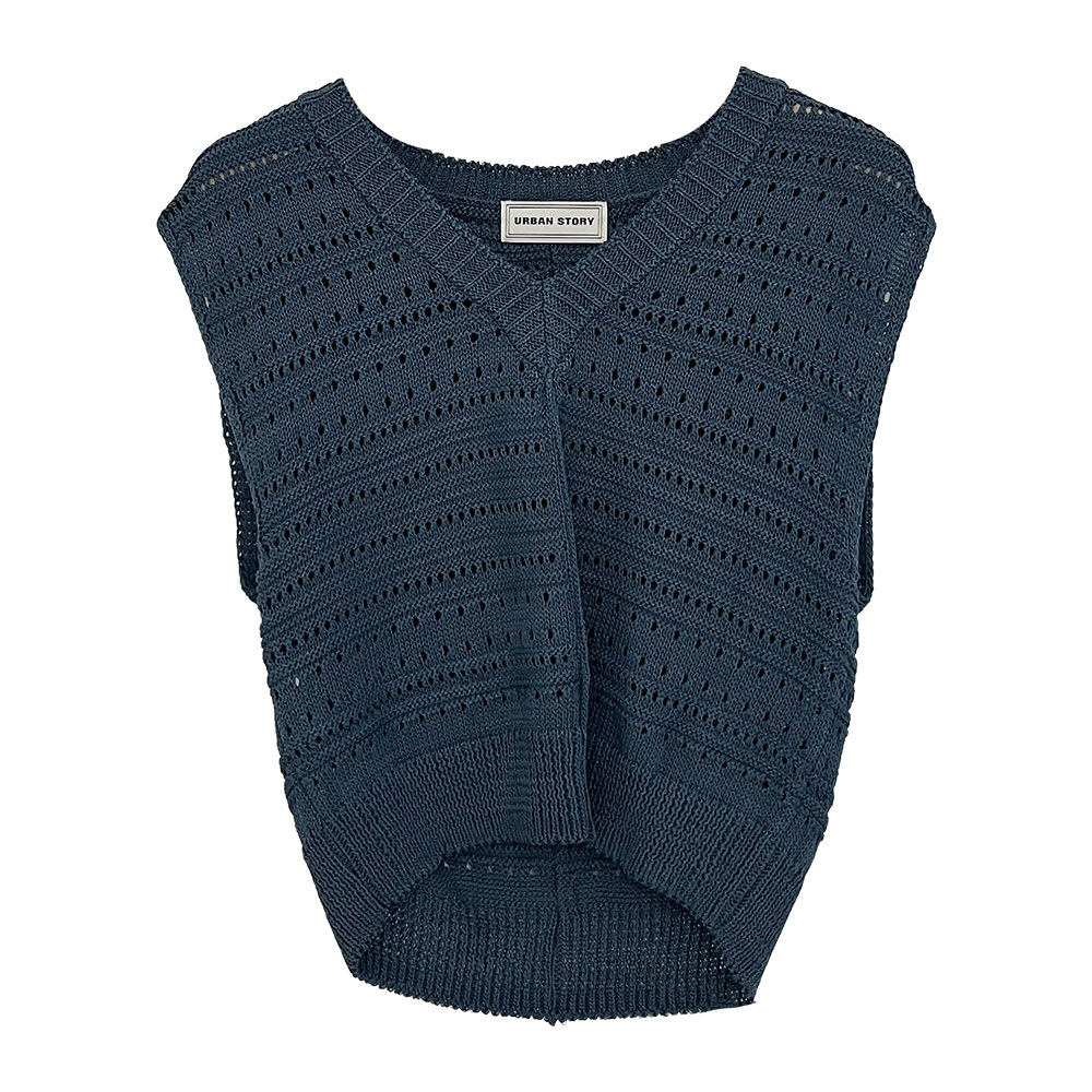 V領素色鏤空針織背心