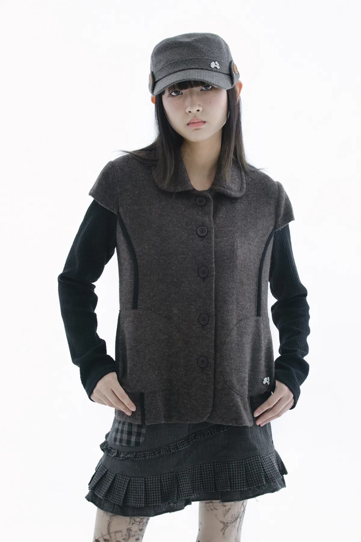 HUG YOUR SKIN) Round collar knit jacket - 2col