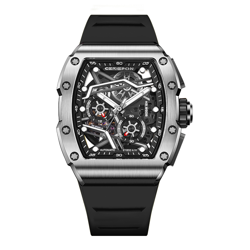 【Ceriepon凱鉑】銀石賽道系列 KB8908G 酒桶 鏤空 動力儲存42小時 24小時顯示 夜光 氟橡膠 機械 手錶