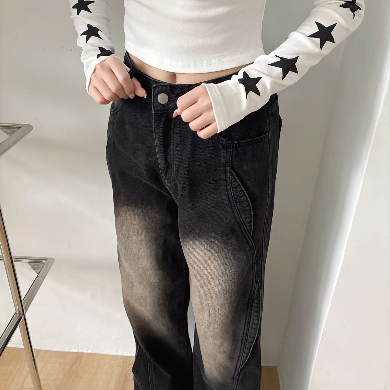 牛仔重刷色車線寬褲 65085