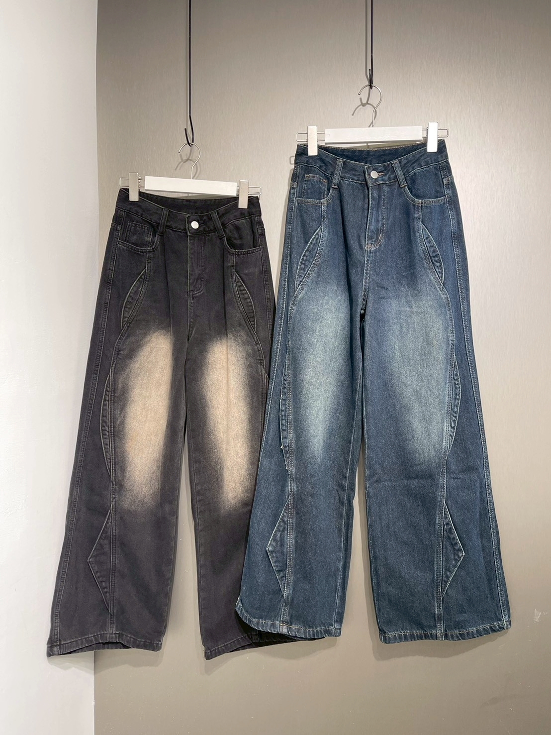 牛仔重刷色車線寬褲 65085