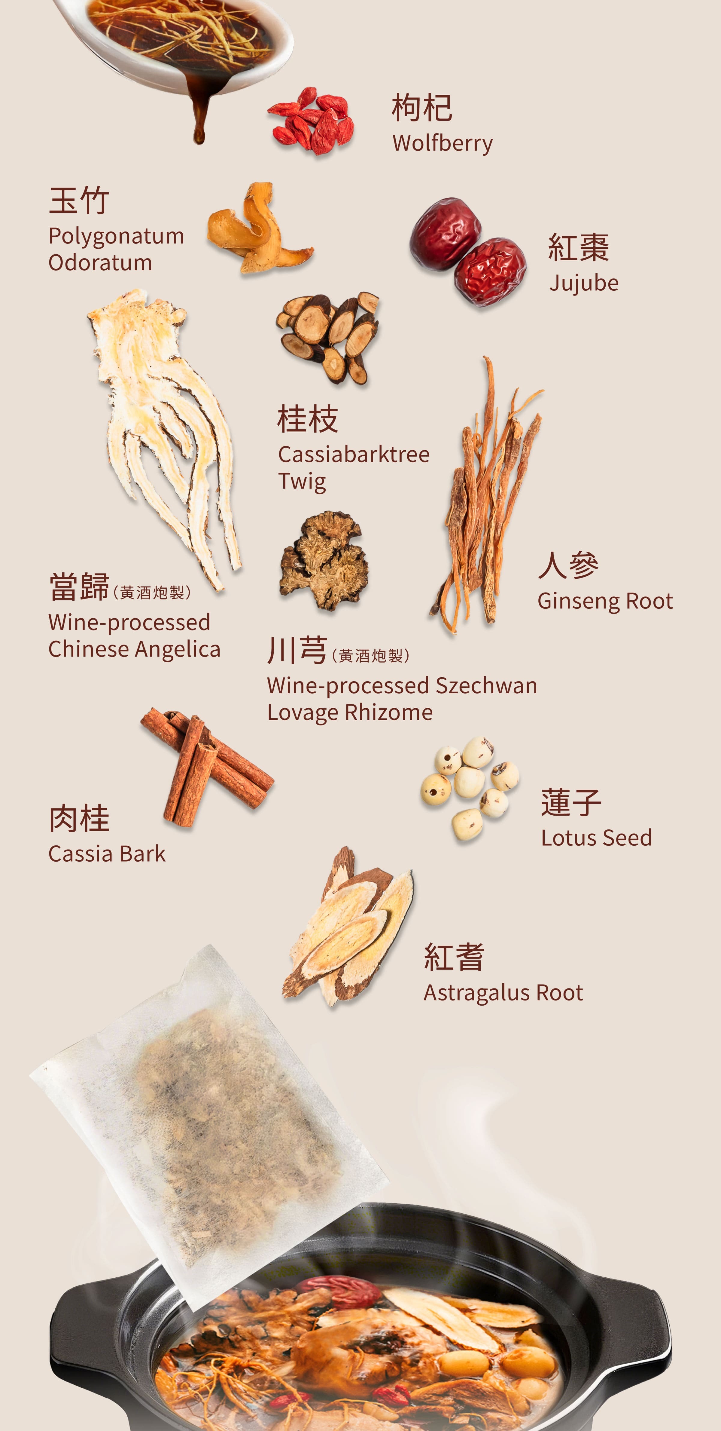 Dengyi 人参鶏薬膳スープキットの材料