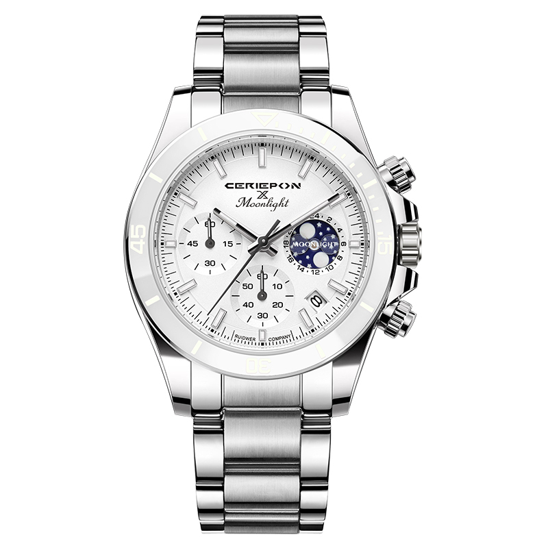 【Ceriepon凱鉑】星月TIME MOONLIGHT時間系列 真三眼 陶瓷 帶日期 夜光  石英  不鏽鋼 手錶