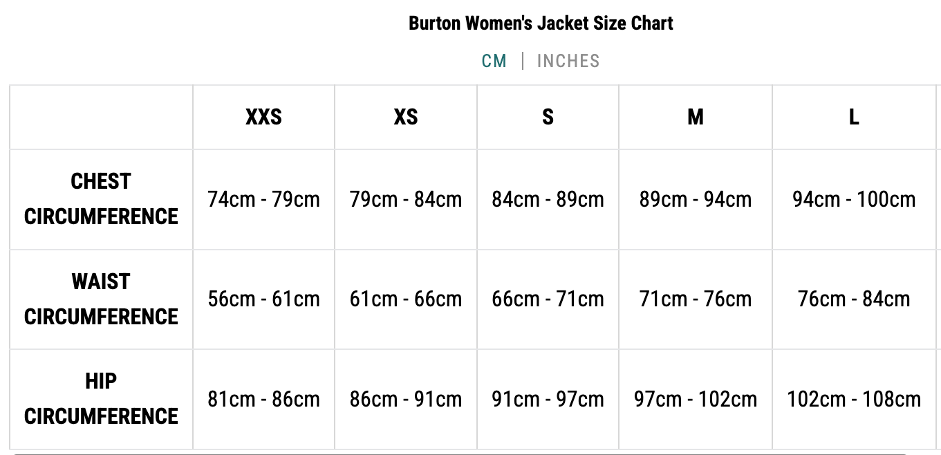 Burton Women's Jacket Size Chart