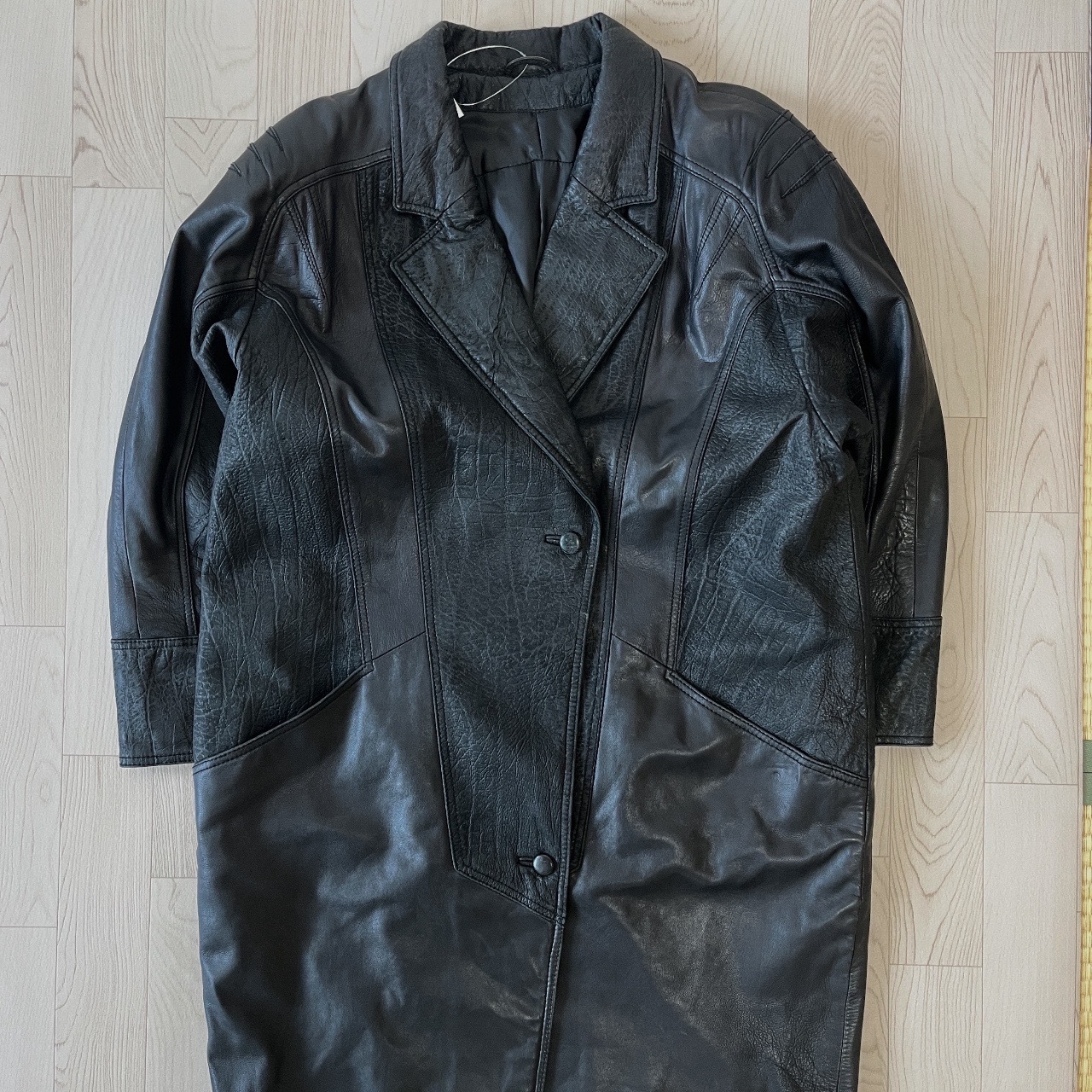 黑色Oversized拼接設計感真皮長外套