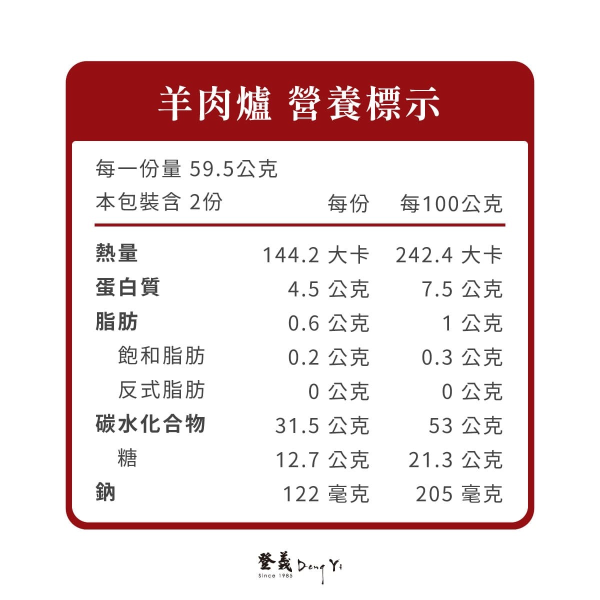 登義羊肉爐營養標示