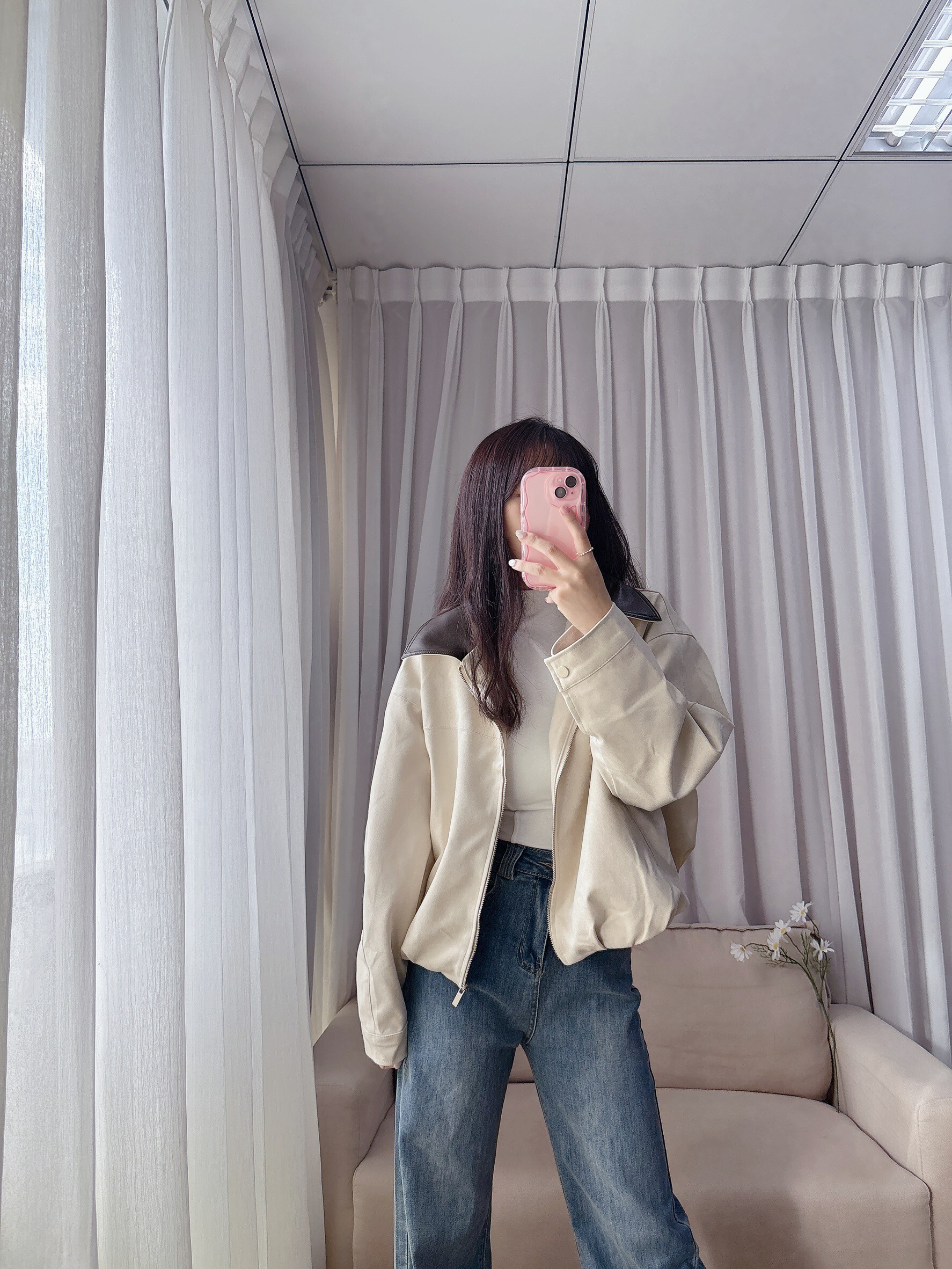 撞色皮革翻領麂皮外套