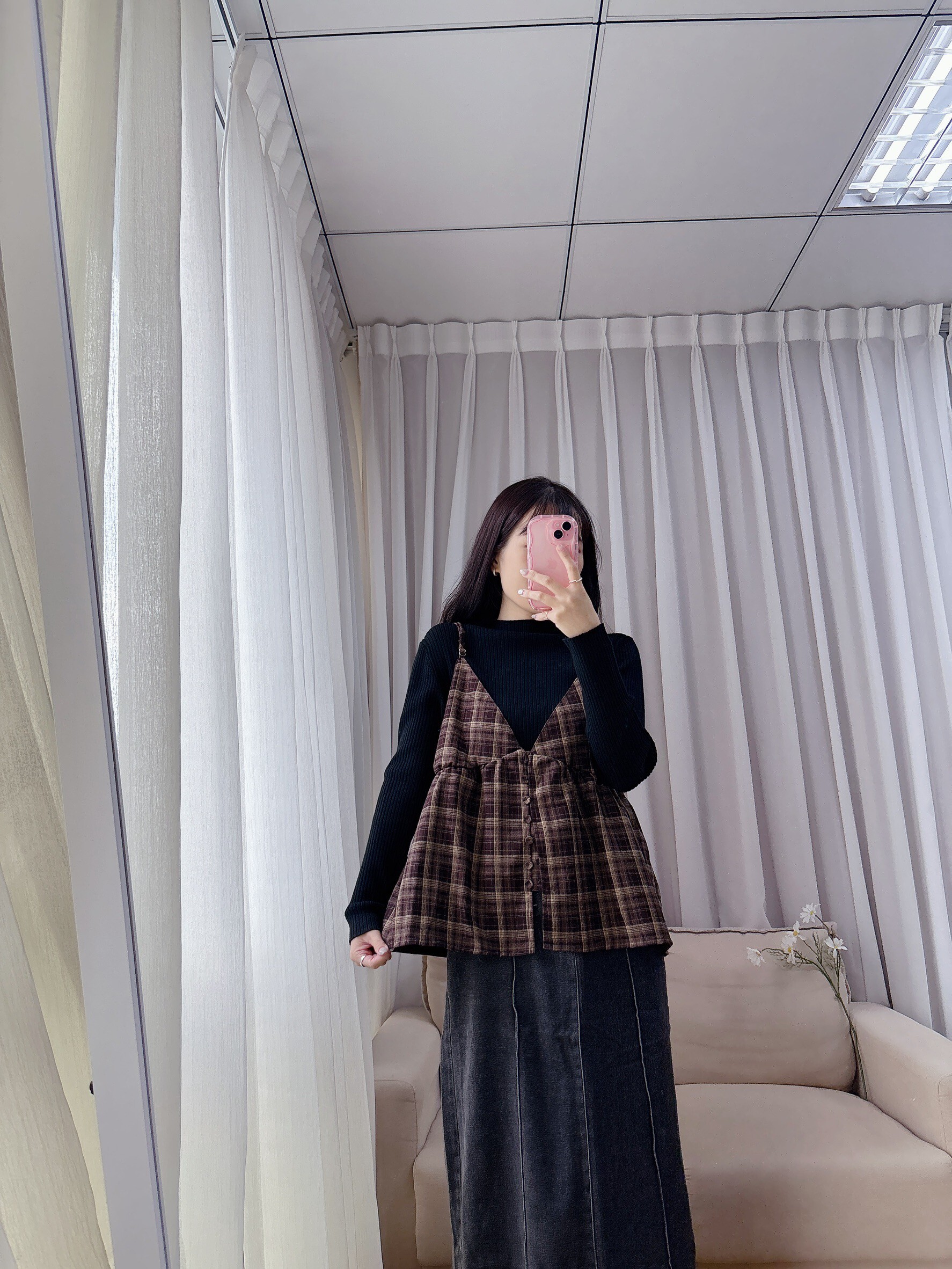 前排釦格紋毛呢小背心